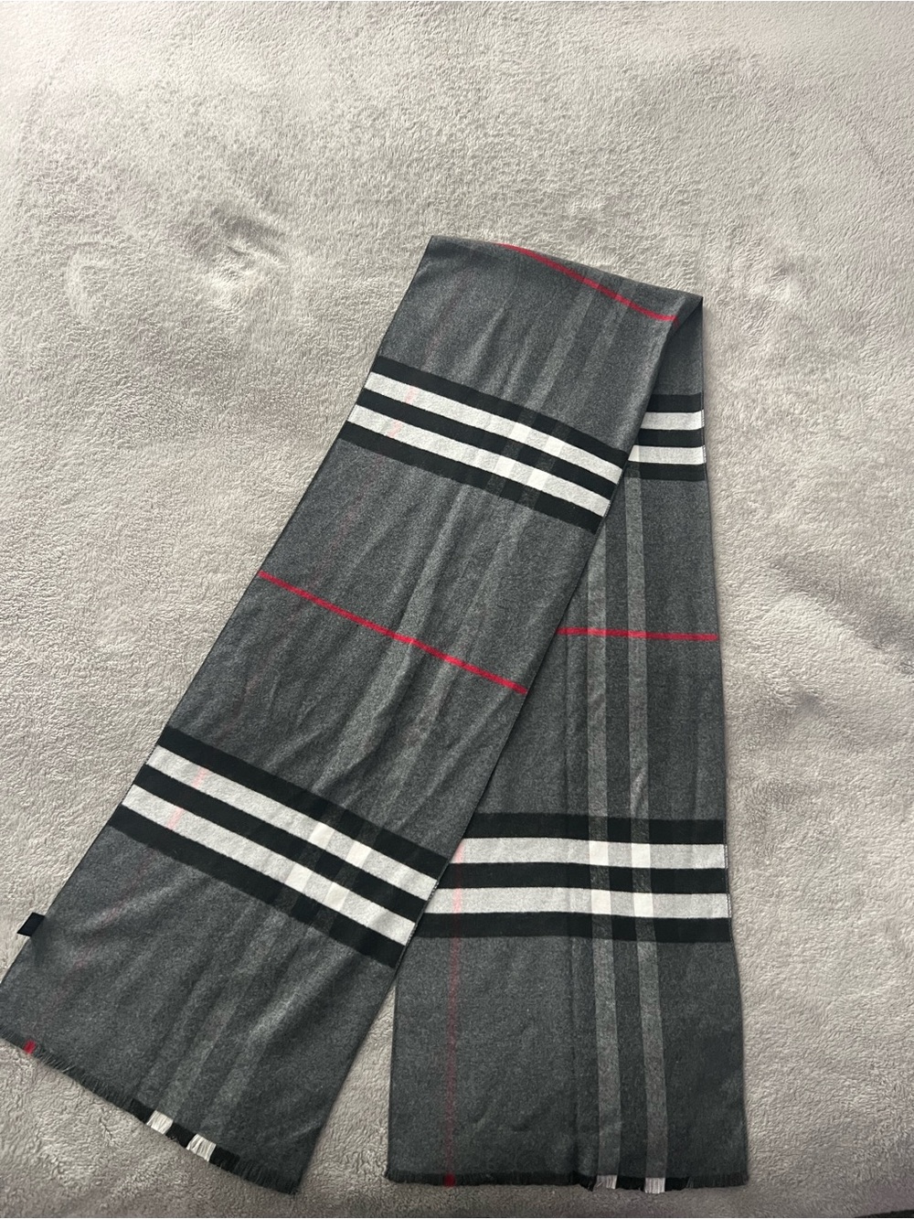 Burberry Gray Plaid Wool Scarf with Black, White and Red Accents